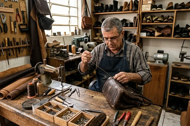 Sapateiro realizando reforma em bolsa de couro em Jandira.