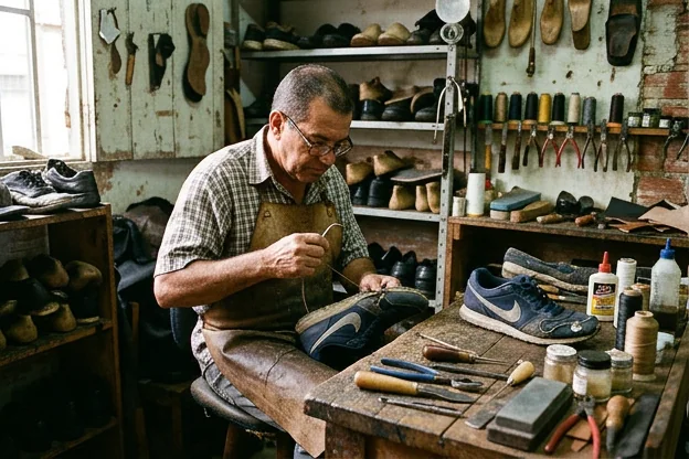 Sapateiro realizando reparo em tênis em Jandira.